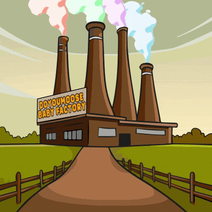 a cartoon drawing of a doyoumoose baby factory with smoke coming out of the chimneys