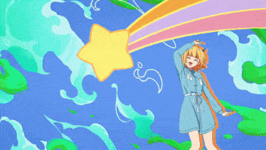 a cartoon drawing of a girl in a blue outfit