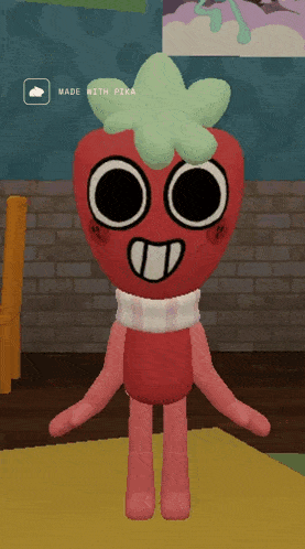 a stuffed strawberry with a green flower on its head is made by pika