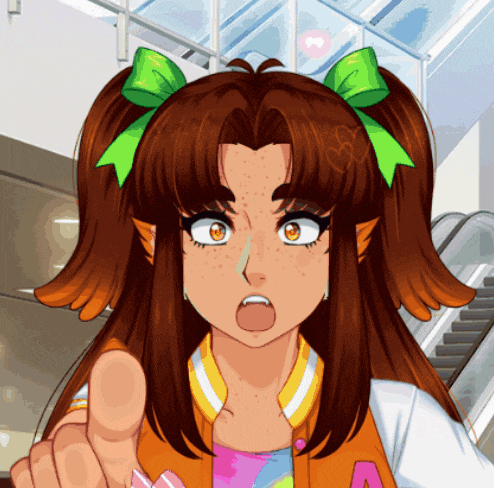 a girl with pigtails and a letter a on her jacket points her finger