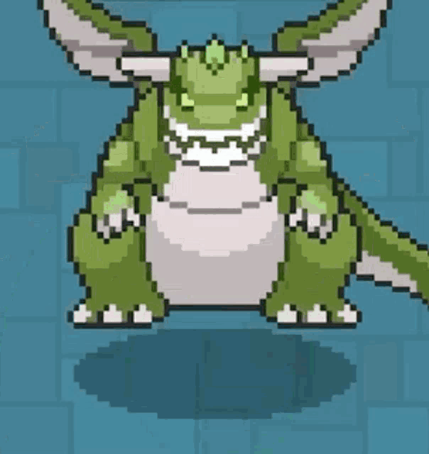 a pixel art drawing of a green dragon with wings sitting on a green object .