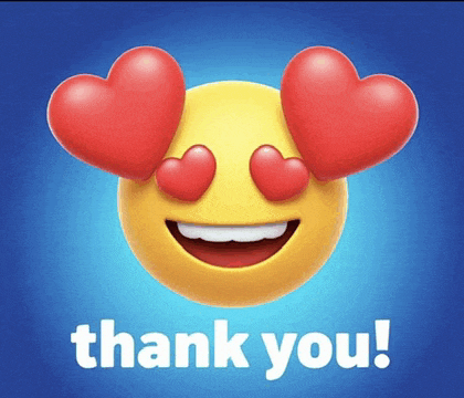 a smiley face with hearts in its eyes and the words thank you written below it