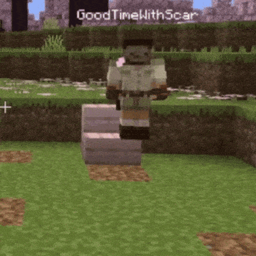 a minecraft character is standing in the grass holding a sword and a piece of wood .