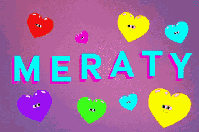 a purple background with hearts and the name meraty