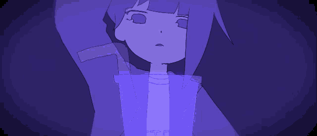a cartoon of a girl with purple hair and a purple shirt with the letter t on it