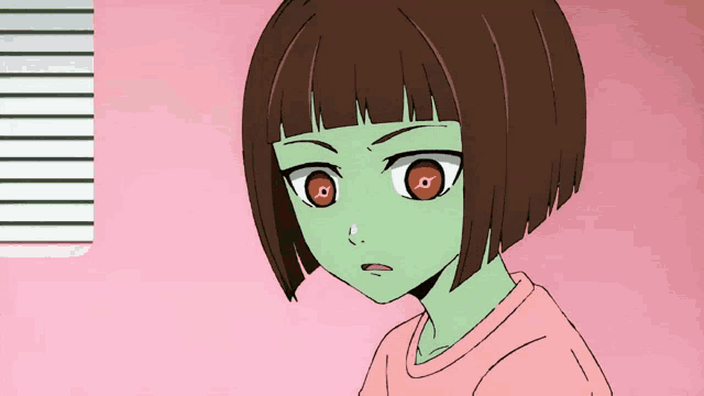 a girl with short brown hair and green eyes is wearing a pink t-shirt
