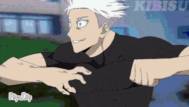a cartoon of a man with white hair and the word kibisu in the background