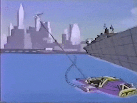 a cartoon of a boat floating on top of a body of water next to a city .