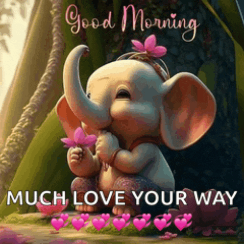 a cartoon elephant is holding a flower in its mouth and says `` good morning much love your way '' .