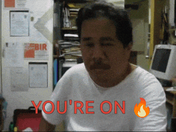 a man in a white shirt says " you 're on " in red letters