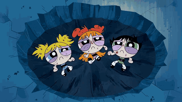 a group of cartoon characters are standing in a hole