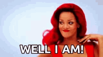 a woman with red hair is wearing a red dress and says `` well i am '' .