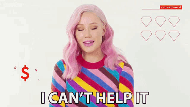 a woman with pink hair is wearing a colorful sweater and says i can 't help it