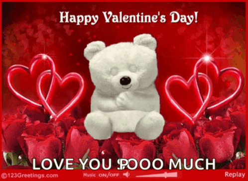 a happy valentine 's day greeting card with a teddy bear and red hearts