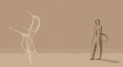 a drawing of a man standing in front of a drawing of a bird