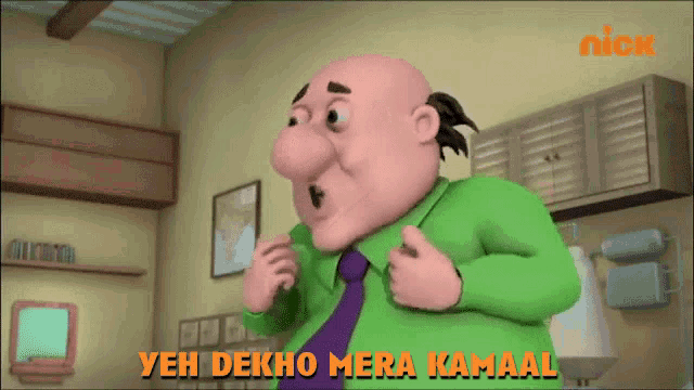 a cartoon of a bald man with the words yeh dekho mera kamaal below him