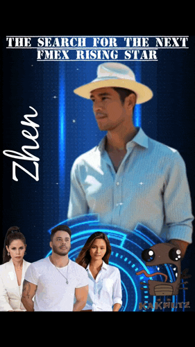 a poster for the search for the next emex rising star shows a man in a straw hat