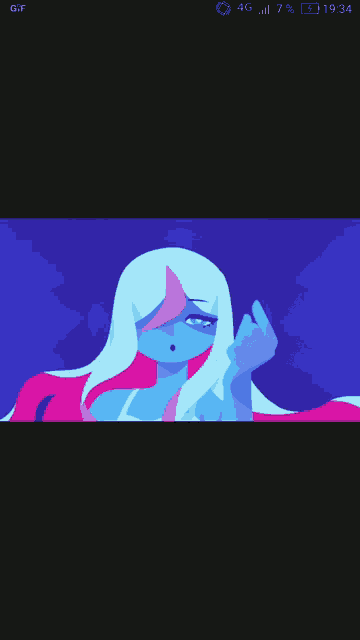 a cartoon drawing of a woman with blue hair and pink highlights