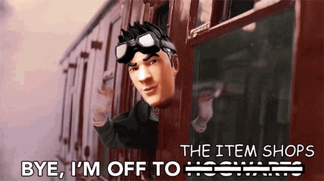 a cartoon of a man on a train with the words bye i 'm off to hogwarts on the bottom