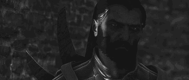 a black and white painting of a man with a beard and a sword .