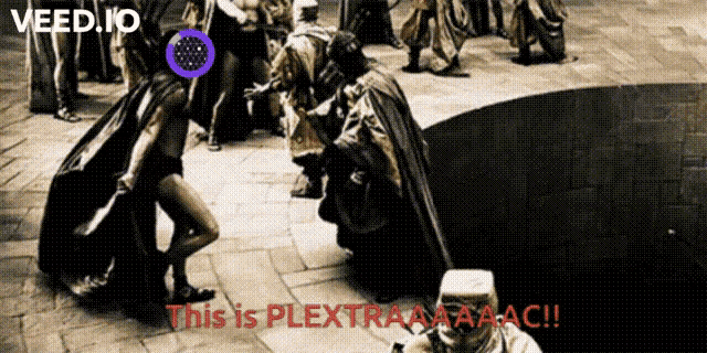 a black and white photo of a group of people with the words " this is plextraaaac " in red