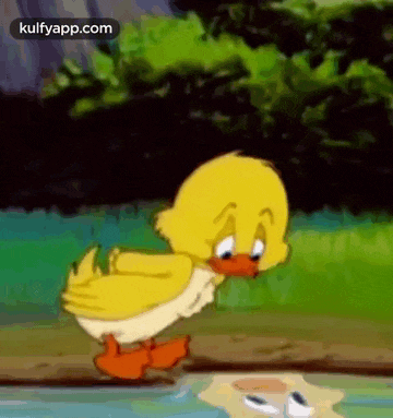 a cartoon duck is walking in the water and looking at its reflection in the water .