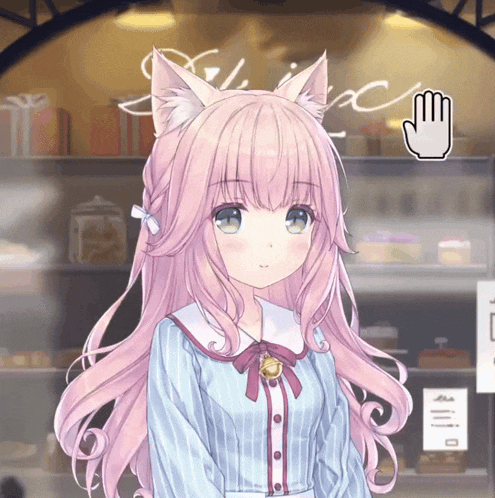a girl with pink hair and cat ears is standing in front of a sign that says ' a ' on it