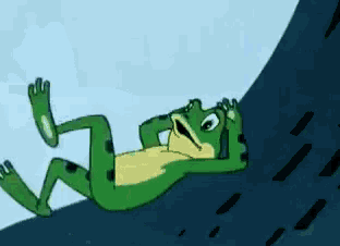 a frog is laying on its back on a rock