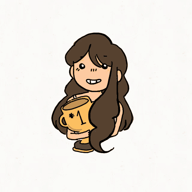 a cartoon drawing of a girl holding a trophy with the number one on it