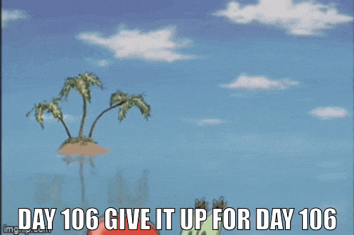 a cartoon of a crab holding a bell with the words `` day 106 give it up for day 106 '' written below it .