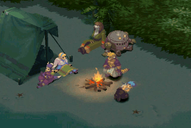 a group of people are gathered around a fire in a video game