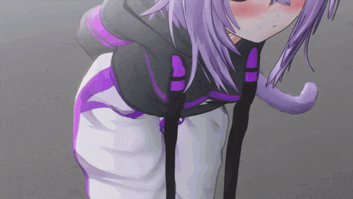 a purple haired anime girl with a cat tail on her back