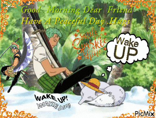 a picture of a man with a sword says good morning dear friend have a peaceful day