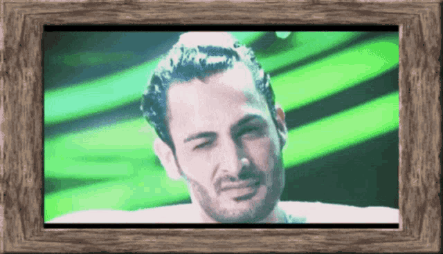 a man with a beard is smiling in a wooden frame