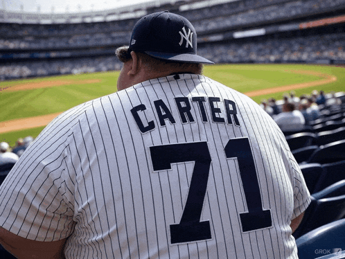 a man wearing a carter 71 jersey sits in the stands