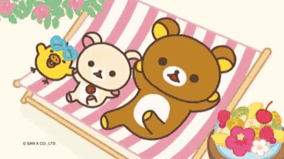 three teddy bears are laying on a striped beach chair .