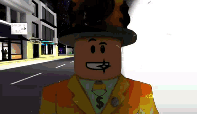 a cartoon character wearing a top hat has a dollar sign painted on his face