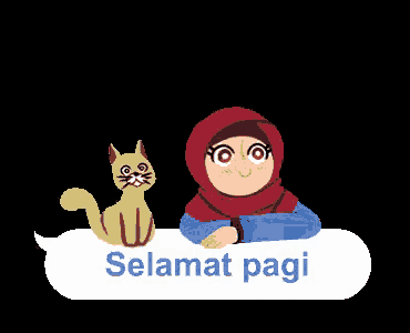 a woman in a red hijab is sitting next to a cat and a speech bubble that says selamat pagi