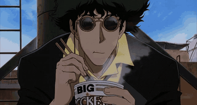 a cowboy bebop character is eating noodles from a bowl with the word big on it