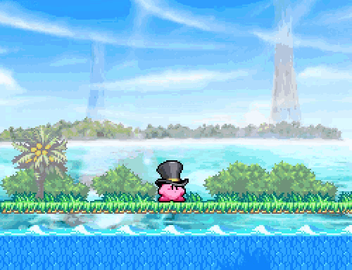 kirby wearing a top hat is standing on a grassy shoreline