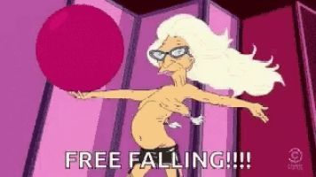 a cartoon character is holding a pink ball and says `` free falling !!! '' .
