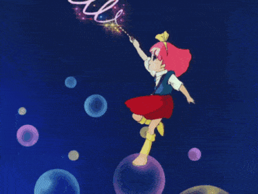 a girl with pink hair is blowing soap bubbles with a wand
