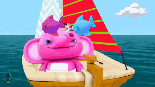 a pink elephant is sitting on a boat with two fish on top of it