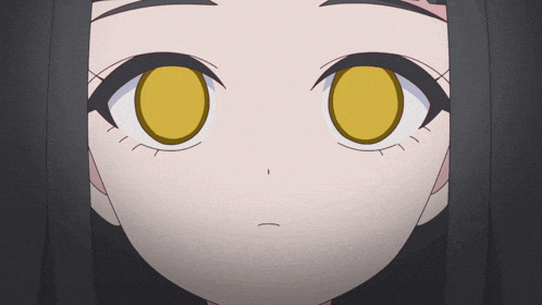a close up of a girl 's face with yellow eyes and black hair