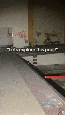 a swimming pool with graffiti on the walls and the words " lets explore this pool "