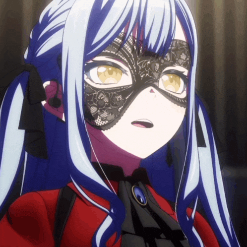a girl with blue hair is wearing a black mask