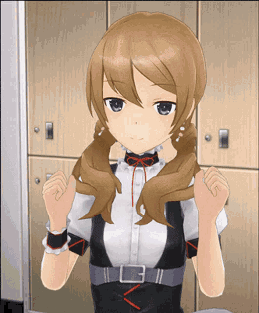 a girl with blonde hair and green eyes is standing in front of a row of lockers