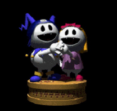 a couple of cartoon characters standing next to each other on top of a cake