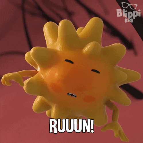 a cartoon character with a surprised look on his face and the word ruuun written below him