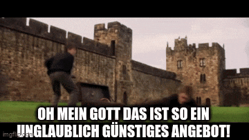 a man is laying on the ground in front of a castle with the words oh mein gott das ist so ein unglaublich gunstiges angebot